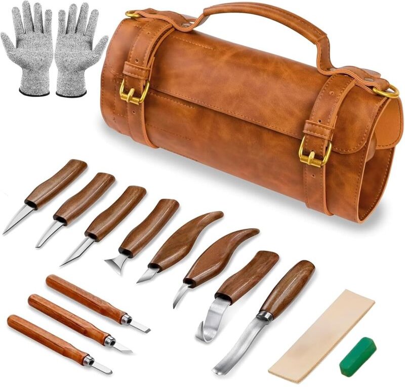Holzschnitzset, 15-in-1 Deluxe-Werkzeugset mit Schnitzmessern, Holzhohlmeißel, Handschuhen, Polierpaste, XU, Ledertasche...
