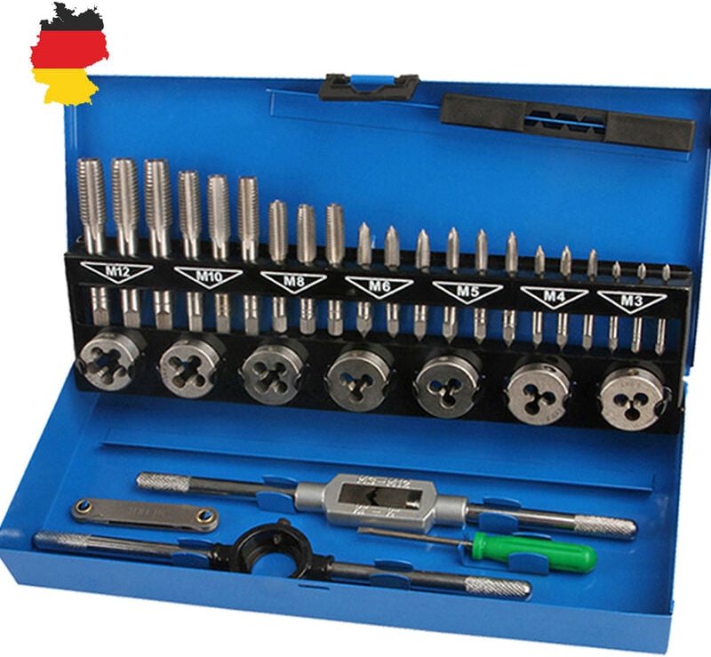 Gewindebohrer-Set Gewindeschneidsatz 32-tlg Gewindebohrer und Schneideisen Set mit Koffer Metrisch M3-M12 Werkzeugkoffer...
