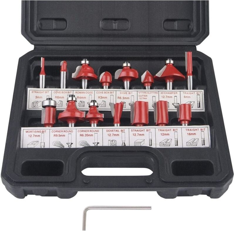 15-teiliges Fräser-Set, 6,35 mm, 1/4-Zoll-Schaft, Holzbearbeitungsfräser mit Wolframkarbidspitze, Bohrer mit Schaft aus ...
