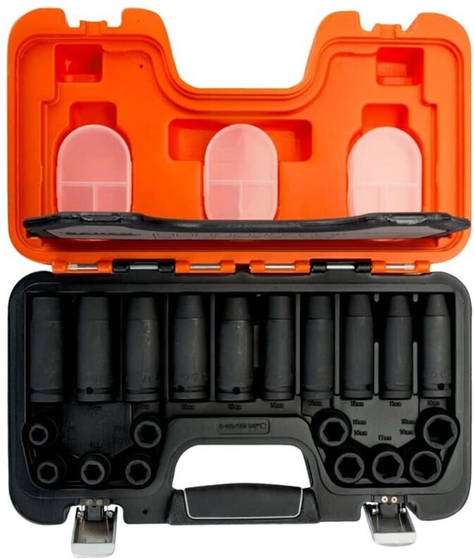 1/2 Kraft-Steckschlüssel-Satz, gemischt, Vierkantantrieb, Sechskantprofil, metrisch, brüniert - 20 Teile - Bahco