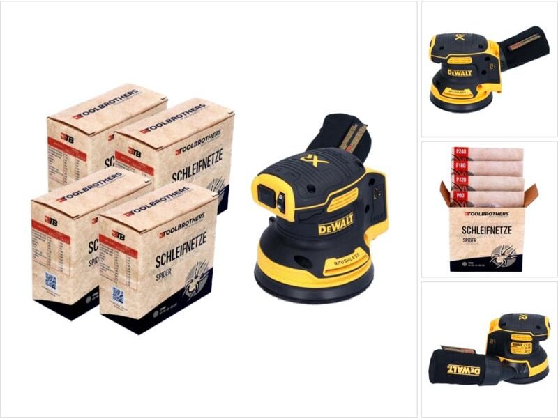 DeWalt DCW 210 N Akku Exzenterschleifer 18 V 125 mm Brushless Solo + 4x Toolbrothers SPIDER Netzschleifmittel Set
