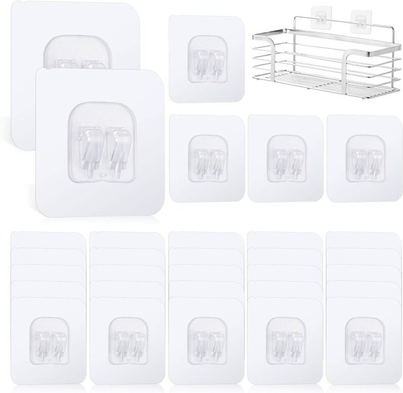 30er-Pack selbstklebende Duschregalhaken Ersatz, 6 x 6 cm Selbstklebende Haken ohne Bohren, selbstklebende Wandhaken – f...