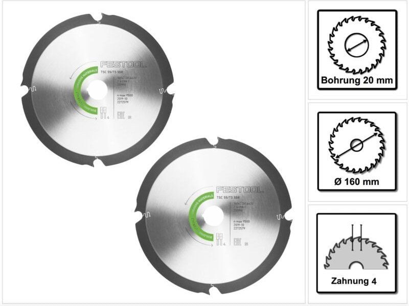 2x Diamant Sägeblatt 160 x 2,2 x 20 mm DIA4 für ts 55 r und tsc 55 ( 2x 201910 ) - Festool