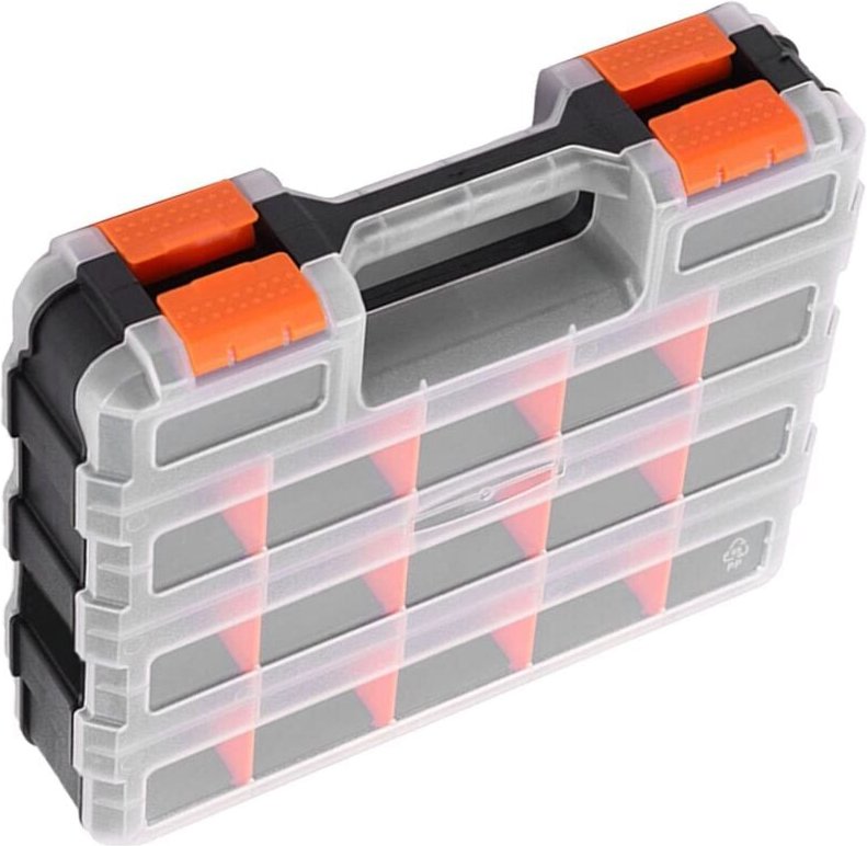 Teilebox, stoßfester Werkzeugkasten mit Gitterdesign für Elektriker (doppelseitig, 32 x 27 x 8 cm)