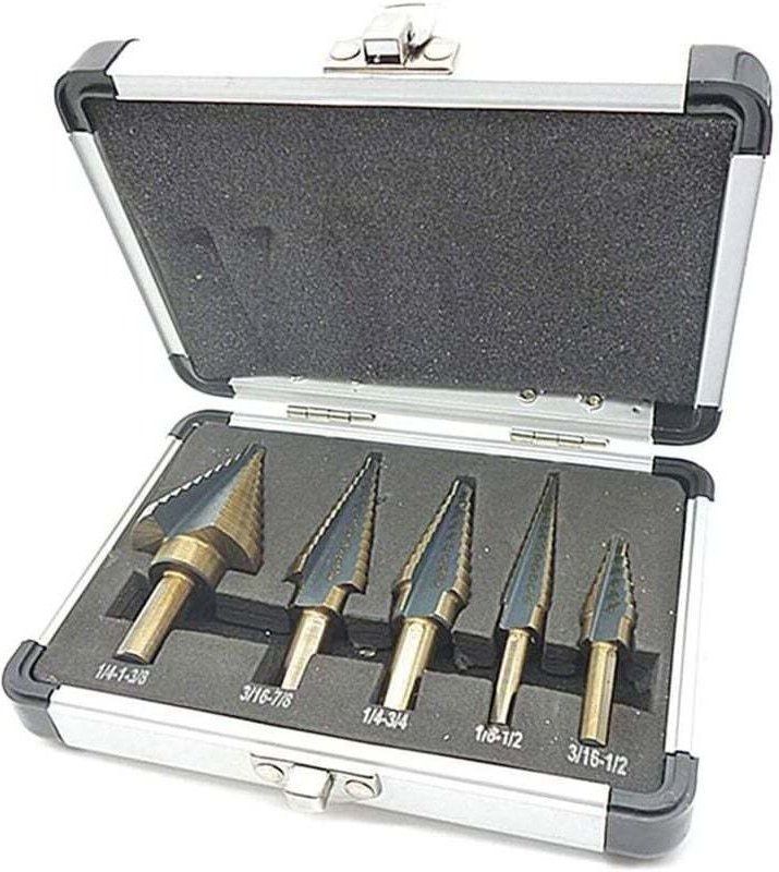 5-teiliges Stufenbohrer-Set mit professionellem Aluminiumkoffer, Sechskantschaft und selbstzentrierender Platte für präz...