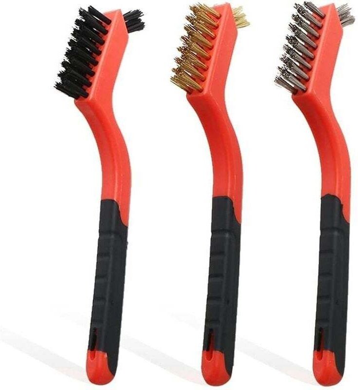 Set mit 3 Metallbürsten, Messing, Nylon, Edelstahl, Schaberbürste mit gebogenem Griff zur Rostentfernung, 115 g