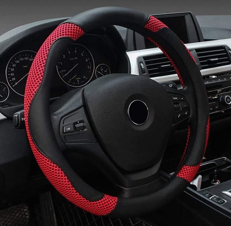 Universal-Lenkradbezug aus PU-Leder (38 cm), Lenkradschutz, rutschfest, schwarz-rot