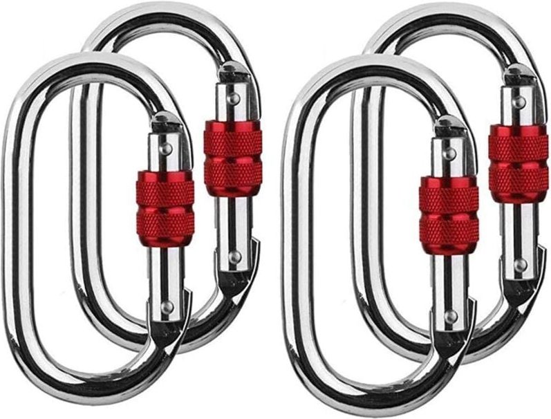 25 kN Set mit 4 silberfarbenen Kletterkarabinern aus gehärtetem Stahl mit Schraubverschluss