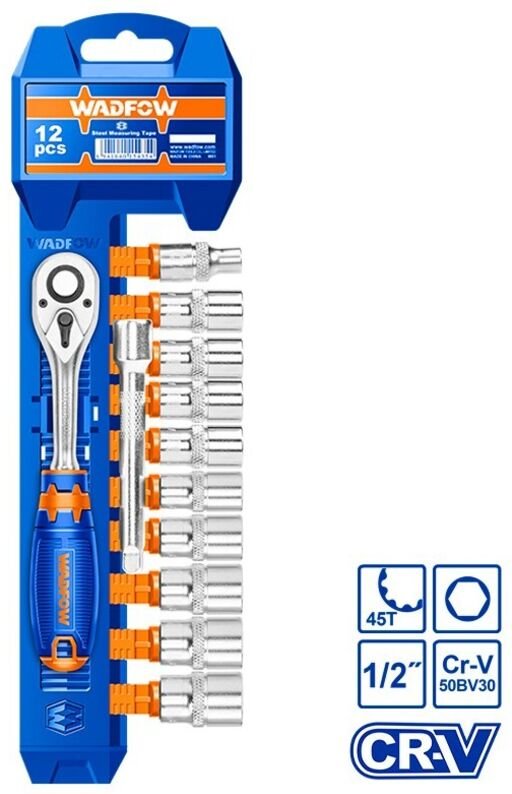 WADFOW 12-teiliger Steckschlüsselsatz mit 1/2-Zoll-Antrieb, CrV-Stahl, Ratsche mit Verlängerungsstange