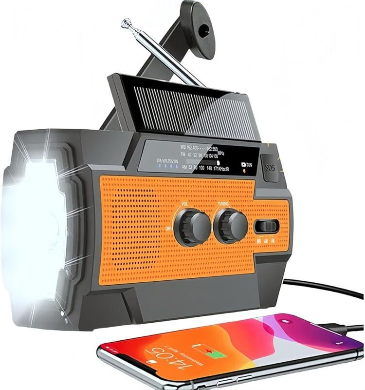 AM/FM/WB-Notfallradio mit Wetterempfang, Handkurbel, 4000 mAh Akku, Solarbetrieb, 3 LED-Taschenlampen, SOS-Alarm, USB-Ha...