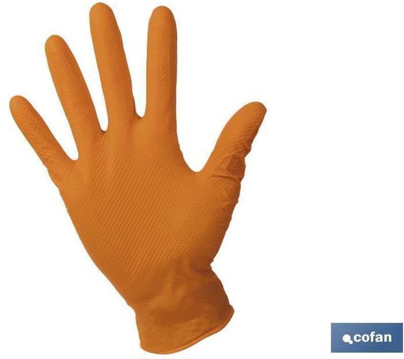 Schachtel mit 100 „Grip“-Nitrilhandschuhen mit Rautenstruktur, Größe XL, orange Farbe