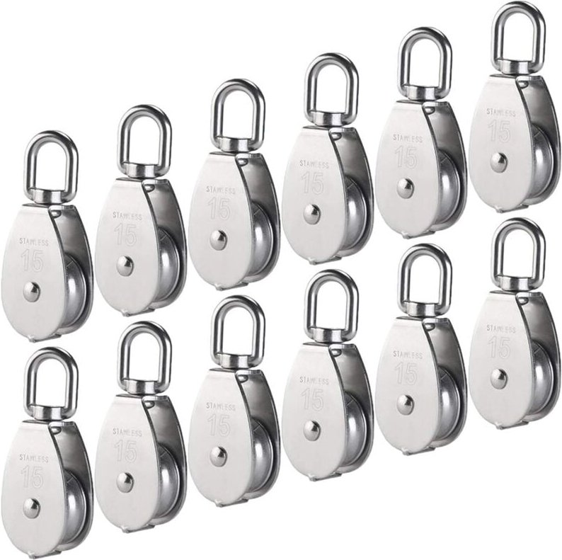 M15 Einzelrolle aus Edelstahl 304, 15 mm Einzelrollenblock, drehbarer Kranhaken, glattes Drahtseil, Tragfähigkeit 77 lbs...