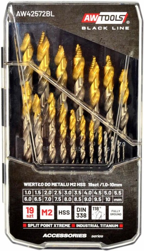 AWTOOLS Metallbohrer M2 HSS-TiN Set 19-teilig 1,5-10 mm schwarze Linie