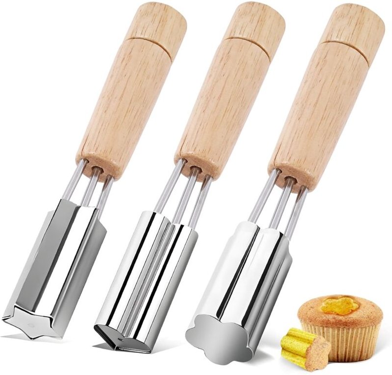 Cupcake-Förmchen aus Edelstahl, 3er-Set (Herz-, Stern- und Blumenform), zum Backen, Füllen und Dekorieren von Kuchen.