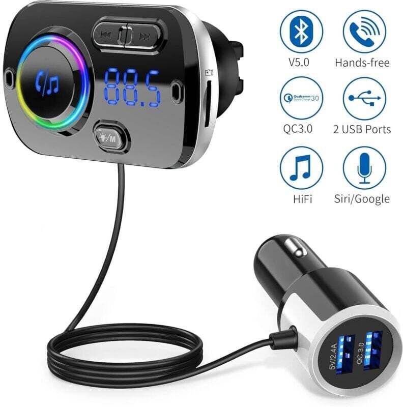 Bluetooth 5.0 FM-Transmitter, kabelloser Radioadapter, Freisprecheinrichtung fürs Auto, QC3.0 und 5V/2,4A Schnellladeger...