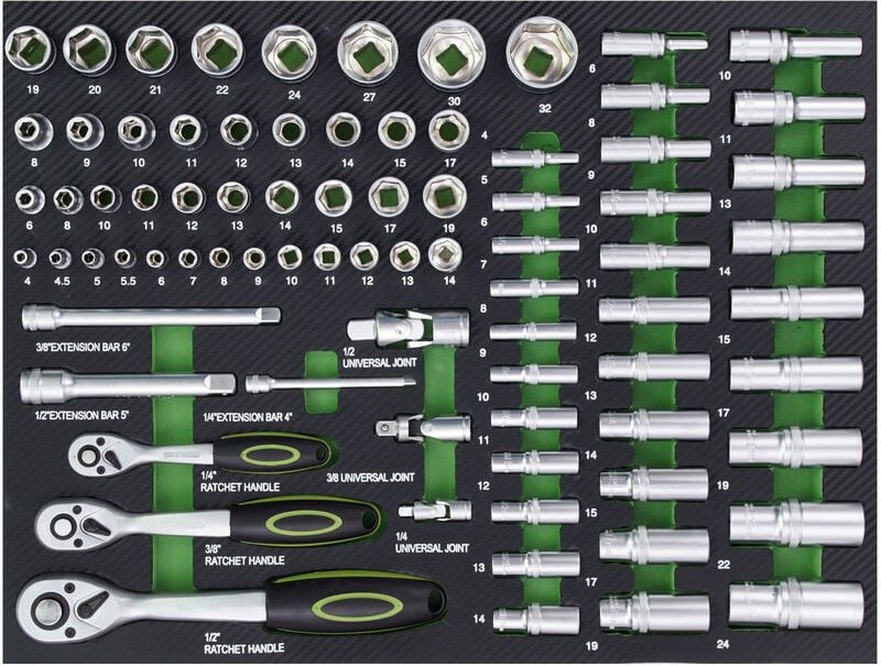 Profi Werkstattwagen Einlage Steckschlüsselsatz 80 tlg. Schaum 515x395x40mm grün