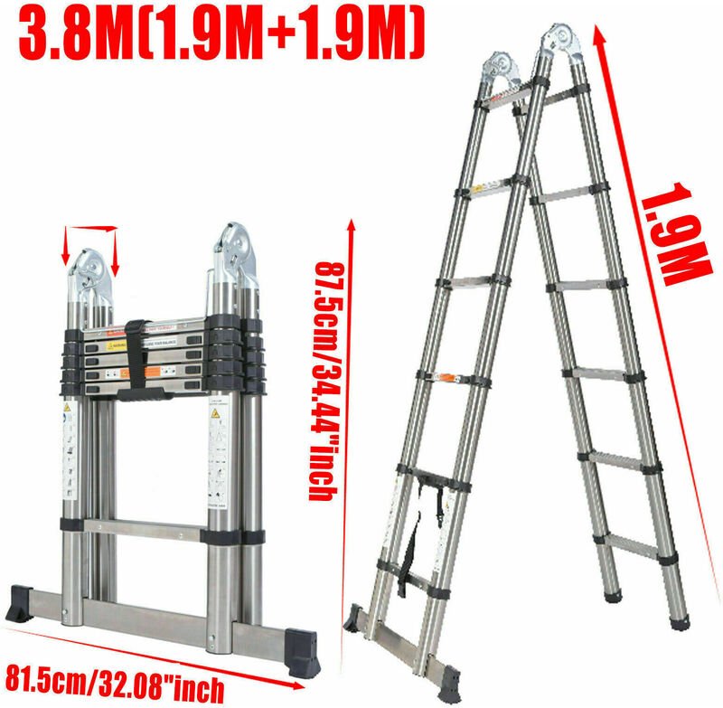 Teleskopleiter Klappleiter 3,8M(12.5FT) Höhe mit Stabilisator, Rutschfester Stehleiter 1,9M+1,9M Leiter aus hochwertigem...