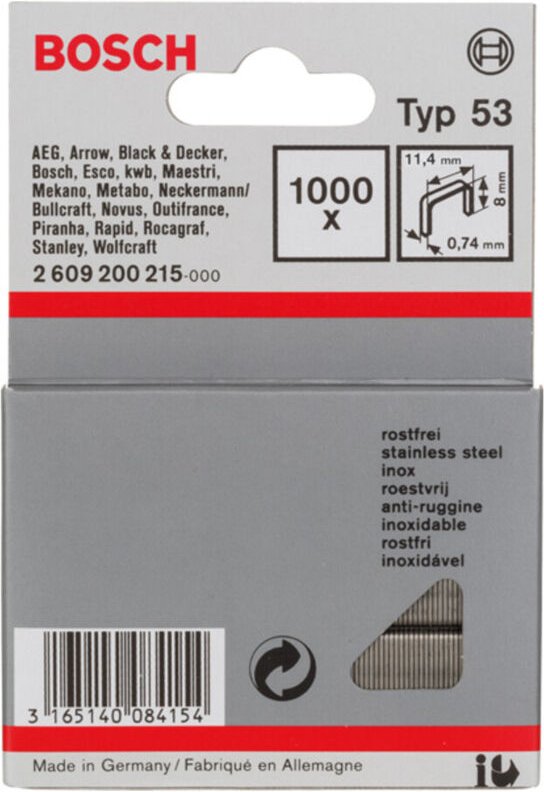 Feindrahtklammer Typ 53, 11,4 x 0,74 x 8 mm, aus rostfreiem Stahl 1000 Stk - Bosch