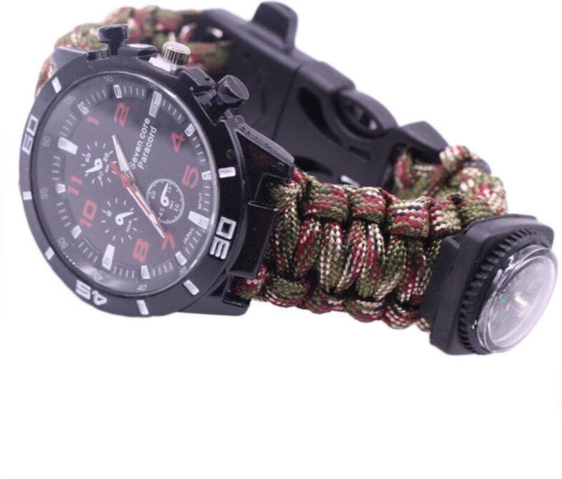 Überlebensuhr für Outdoor-Camping, Multifunktionsarmband, Kompass, Seil, Pfeife, Paracord, Werkzeugset.