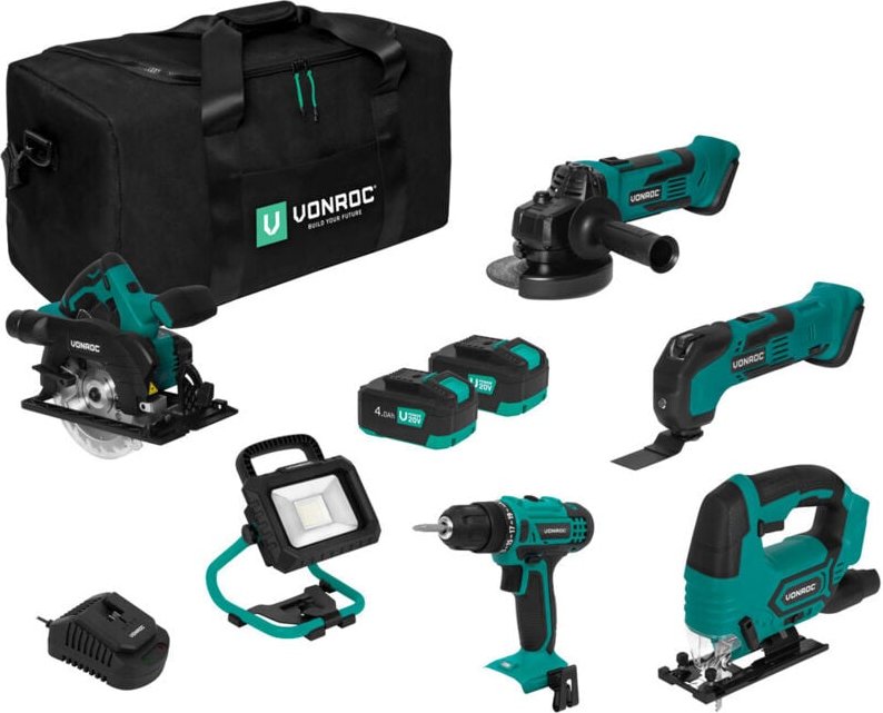 Vonroc - Werkzeugsatz/Maschinen-set 20V – Werkzeugtasche inkl.: Schlagbohrschrauber, Stichsäge, Multiwerkzeug, Winkelsch...