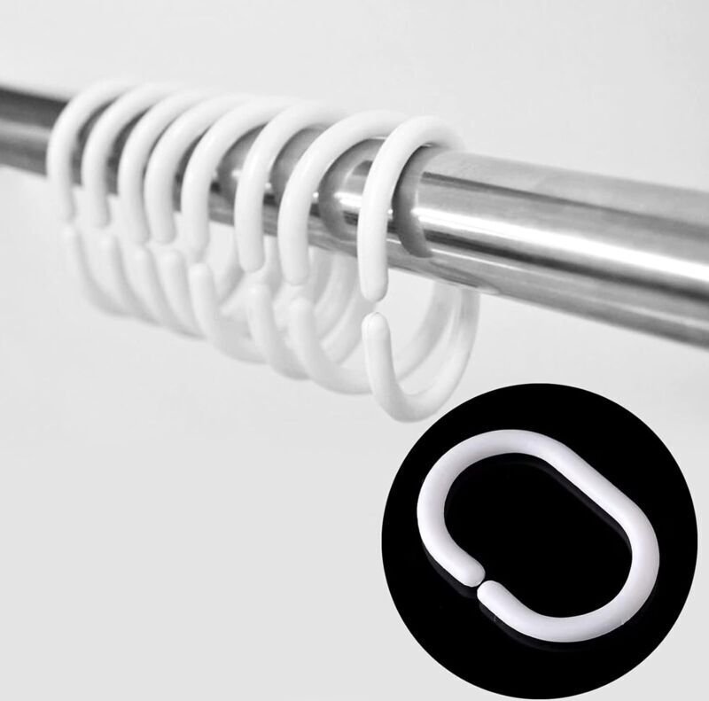 (Weiß), 12 Stück C-förmige Duschvorhangringe aus Kunststoff, Vorhanghaken für Tür- und Fenstervorhänge