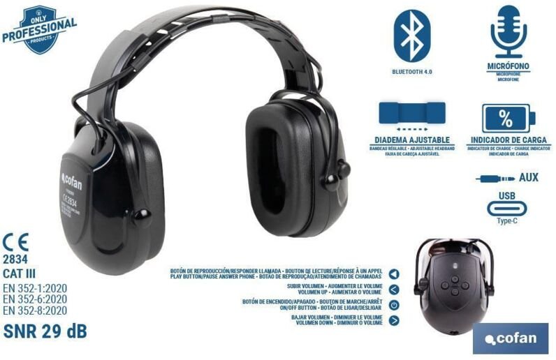 Anti-Lärm-Kopfhörer mit Bluetooth snr 29 dB mit Mikrofon und Lautstärkeregler (3,5-mm-AUX-Eingang)