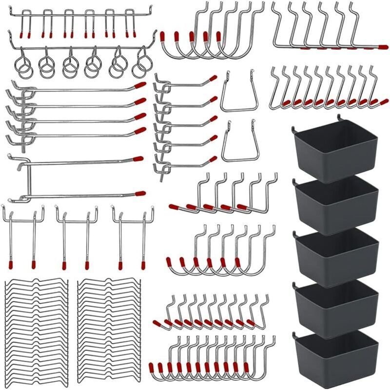 Set aus Metall-Lochwandhaken, hängendem Organizer mit Behältern und Hakenverschlüssen zur Organisation von Werkzeugen, W...