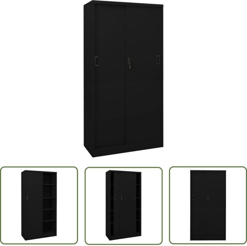 The Living Store Büroschrank mit Schiebetür Schwarz 90x40x180 cm Stahl - Aktenschrank - Büroorganisation - Stauraum - Sc...