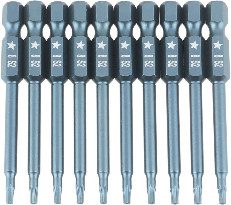 Set mit 10 Fünf-Stern-Schraubendreherbits aus S2-Legierungsstahl, 65 mm (1/4 Zoll) Sechskantschaft, H6,365TS8