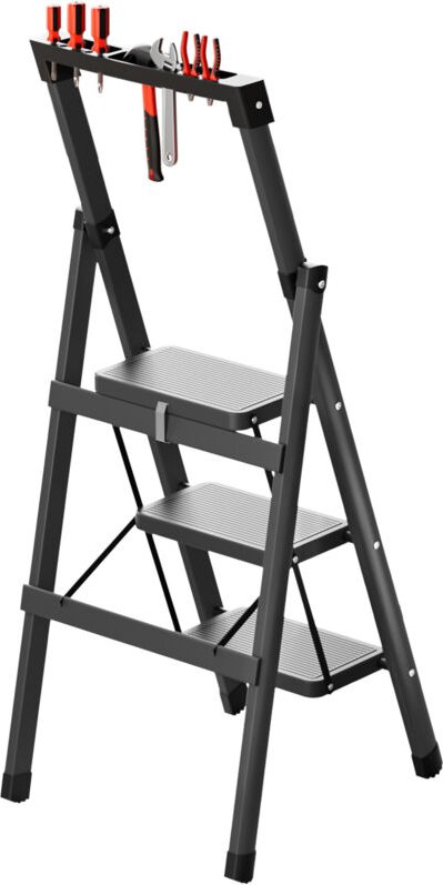 Leiter – dreistufige Klappleiter mit Werkzeughalter und rutschfesten Füßen, Tragkraft 150 kg, verbreiterte Trittfläche 1...