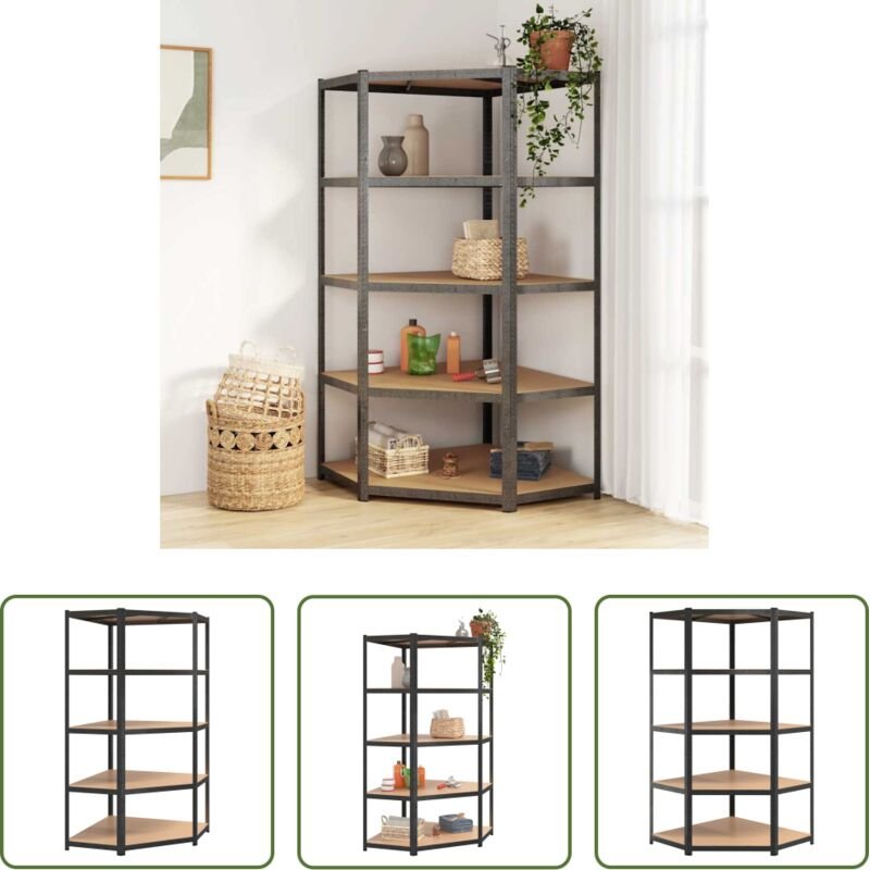 Schwerlastregal - Eck-Schwerlastregal 5 Böden Grau Stahl & Holzwerkstoff