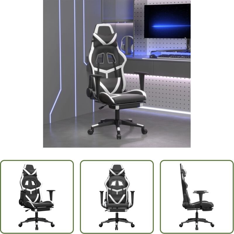 vidaXL Gamingstuhl Kunstleder - Gaming-Stuhl mit Fußstütze Schwarz und Weiß Kunstleder