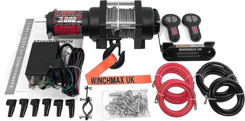 1.361 kg 12-V-Winde in Militärqualität. 15,5 m x 5 mm Dyneema-Seil. Fernbedienungen. Bootsanhänger, Marine.