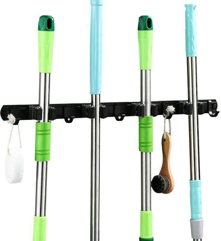 Porte Balai Mural Multifonctions,Support Cintre de Rangement avec 5 Emplacements et 6 Crochets pour Votre Cuisine,Garage...