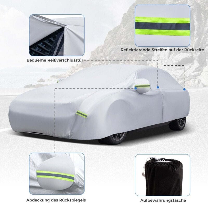 Wetterfeste abdeckplane fur fahrzeuge autoabdeckung mit reiverschlusstur 431 x 160 x 115 cm silber