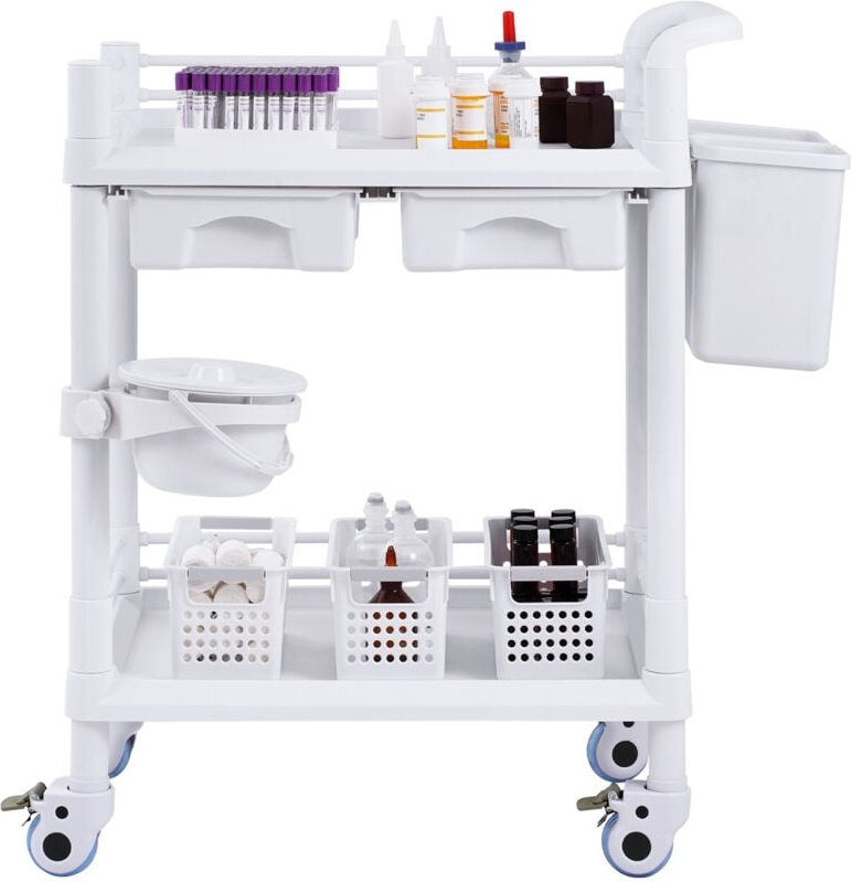 Mophorn - 2-stöckiger Laborwagen, Mehrzweckwagen mit 2 Tabletts, 2 Schubladen und 4 leisen Rädern, mobiler medizinischer...