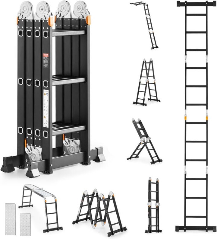 VEVOR Mehrzweckleiter, 7-in-1-Multifunktionsleiter, A-Rahmen mit 3 Stufen und Gerüstbrett, Teleskopleiter, Leitergerüst ...