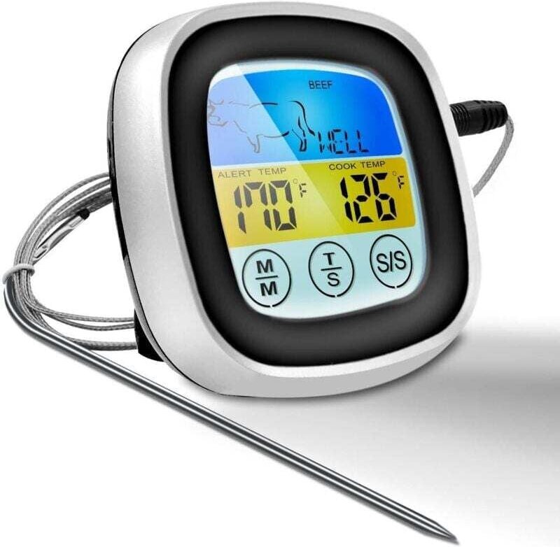Digitales Fleischthermometer, Ofenthermometer, Farb-Touchscreen, Sofortmesssonde, Grillthermometer mit Timer-Alarmfunkti...