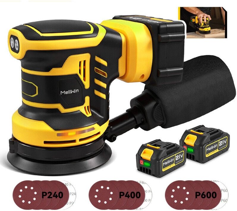 Kabelloser Exzenterschleifer 125 mm, 3 Geschwindigkeiten, geliefert mit 15 Schleifblättern und 2 Akkus