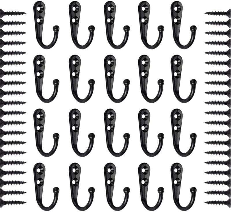 20 Stück Haken, Schwarzer Wandhaken, Kleiderhaken, Wandgarderobe, Metalltürhaken, Retro Kleiderhaken mit Schrauben