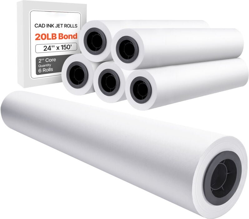 Breitformatpapier, 24 Zoll x 150 Fuß Plotterpapier, 6 Rollen, 20 LB-Bondpapier mit 2-Zoll-Kern, ideal für CAD-Zeichnunge...