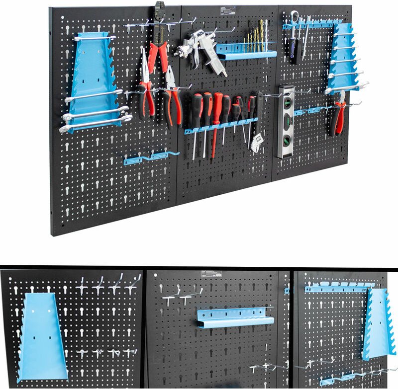 Dreiteilige Werkzeugwand Lochwand Lochplatte Werkzeugregal Wandhalterung Werkstatteinrichtung Lochblech Metall Blau