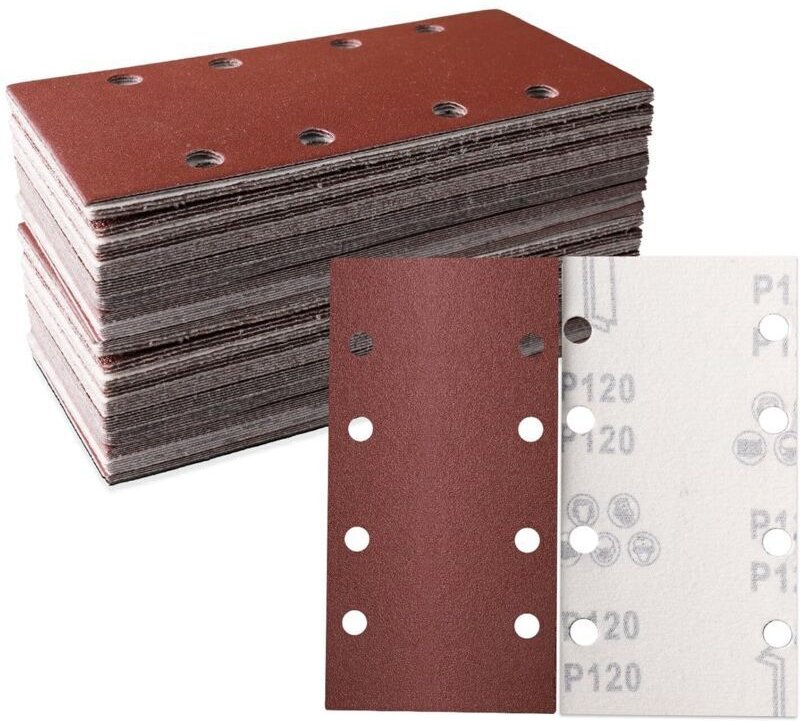Packung mit 100 Schleifblättern 93 x 185 mm – Quadratisches, selbstklebendes Schleifpapier mit 8 Löchern – 120 verschied...