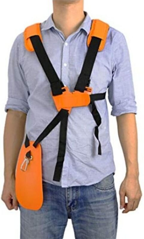 Orangefarbener Trimmergurt mit doppeltem Schultergurt für Gartenarbeiten