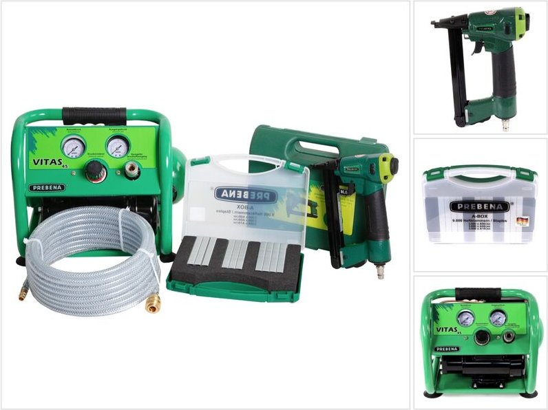 Prebena Komplettpaket 1XR-A16 Druckluftnagler + Druckluftschlauch 10m + Kompressor VITAS 45 + A-BOX 9.000 Heftklammern
