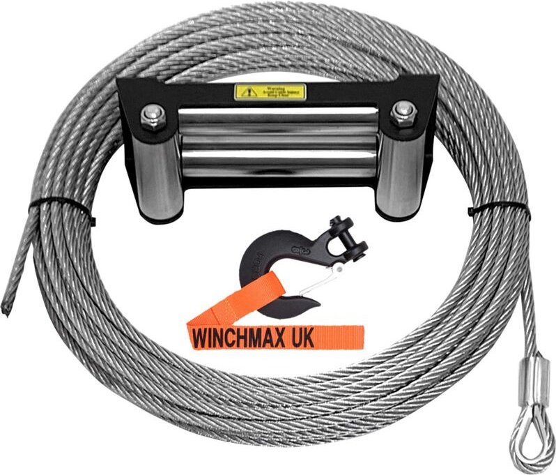 26 m x 9,5 mm Stahlwindenseil mit Edelstahl-Rollenführung und 3/8 Zoll Gabelkopfhaken - Winchmax