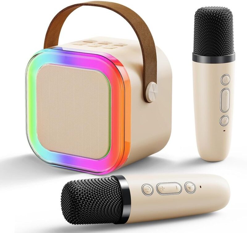 Mini-Karaoke-Maschine mit 2 drahtlosen Mikrofonen: Tragbares Bluetooth-Karaoke-Lautsprechermikrofon, perfekt für Familie...