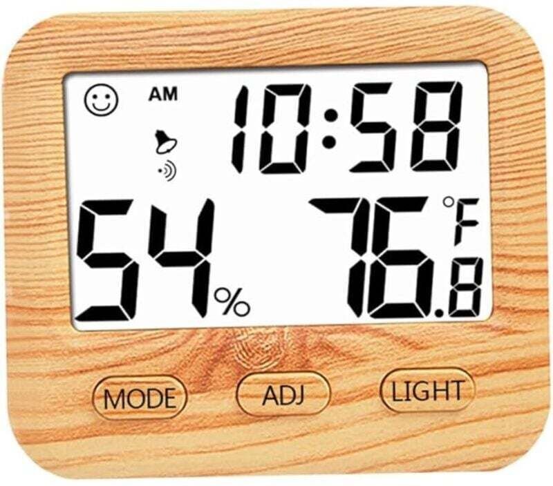Digitales Thermometer und Hygrometer für den Innenbereich, Temperatur- und Feuchtigkeitsmesser aus Holz mit Tischuhr für...