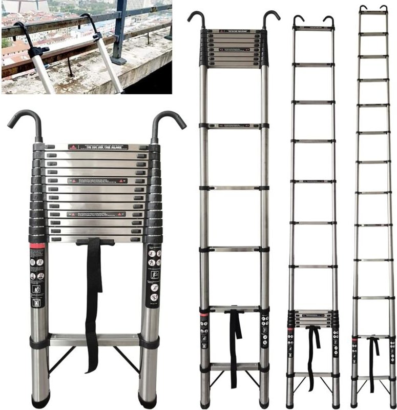 5m Edelstahl Teleskopleiter mit 2 Haken, rutschfest Ausziehleiter Dachbodenleiter Anlegeleiter, 13 Sprossen,Leicht zu Tr...