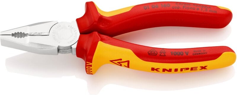 KNIPEX 01 06 160 Kombizange Chrom-Vanadin isoliert mit Mehrkomponenten-Hüllen, VDE-geprüft verchromt 160 mm